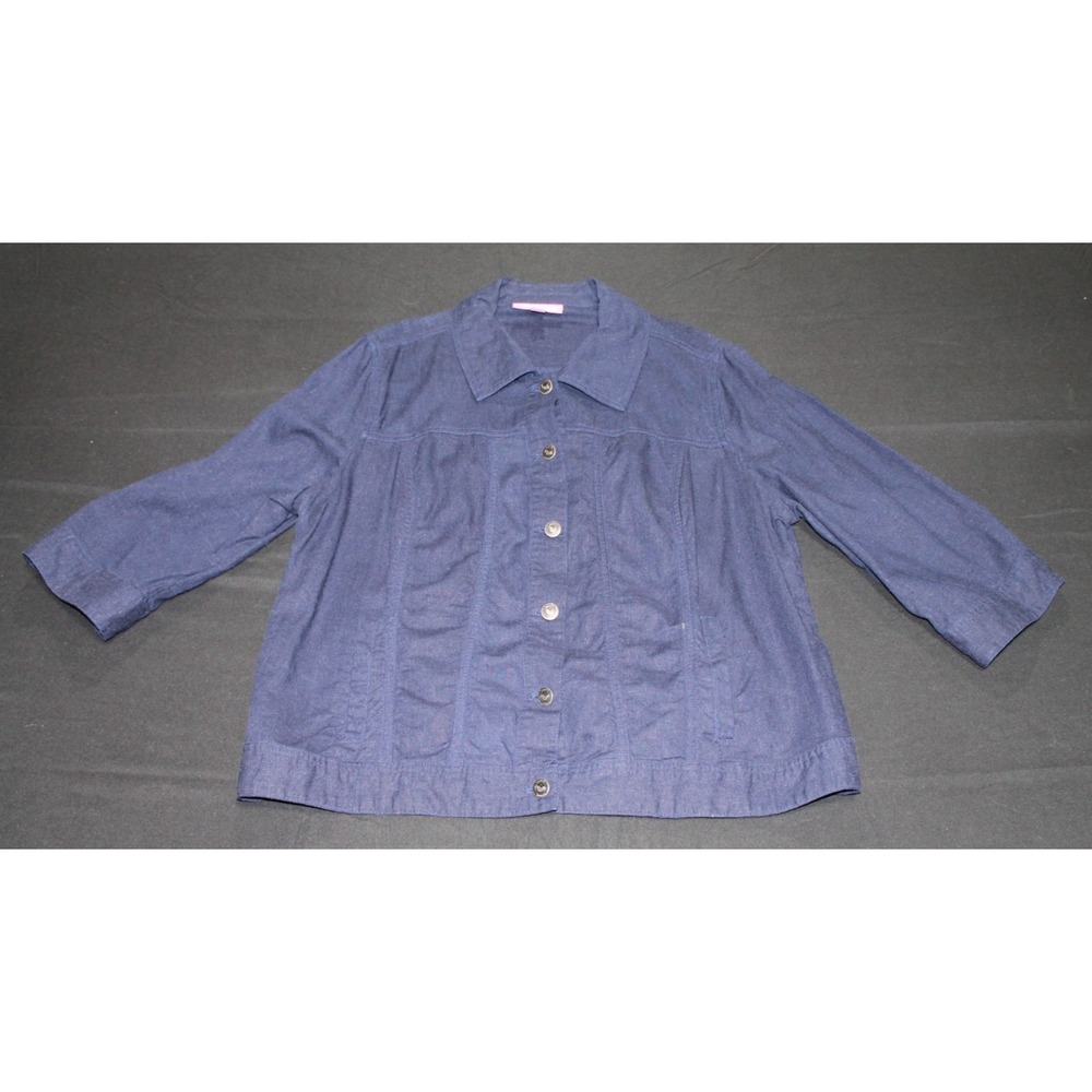 Woman Within Linen Blend Button Front Shirt Womens 18W Blue 3/4 Sleeve Pockets
